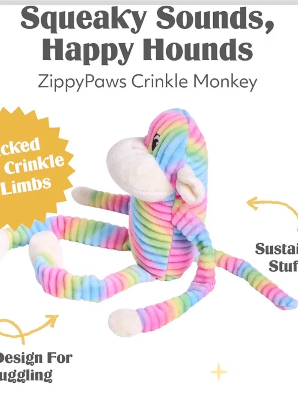 ZippyPaws - Spencer The Crinkle Monkey Dog Toy, Squeaker and Crinkle Plush Toy